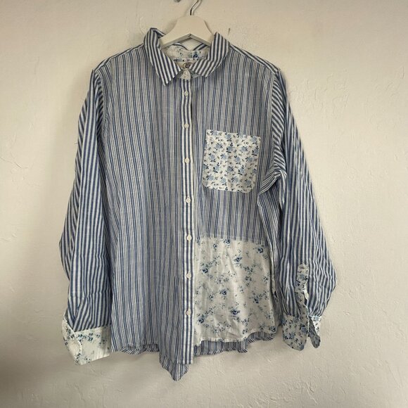 Laura Ashley X Lucky Brand Striped Floral Patchwork Button-Up Shirt Large Blue - Picture 1 of 8